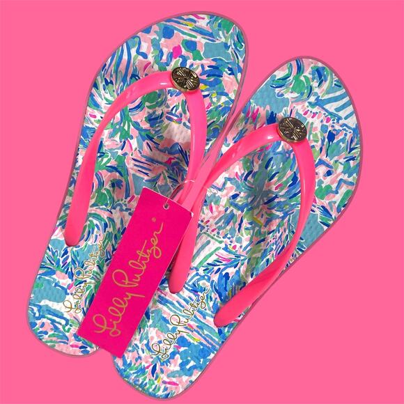 NEW Lilly Pulitzer Pool Flip Flop Womens Size 7/8 Pink Blue Tropical Sandals - Picture 1 of 5